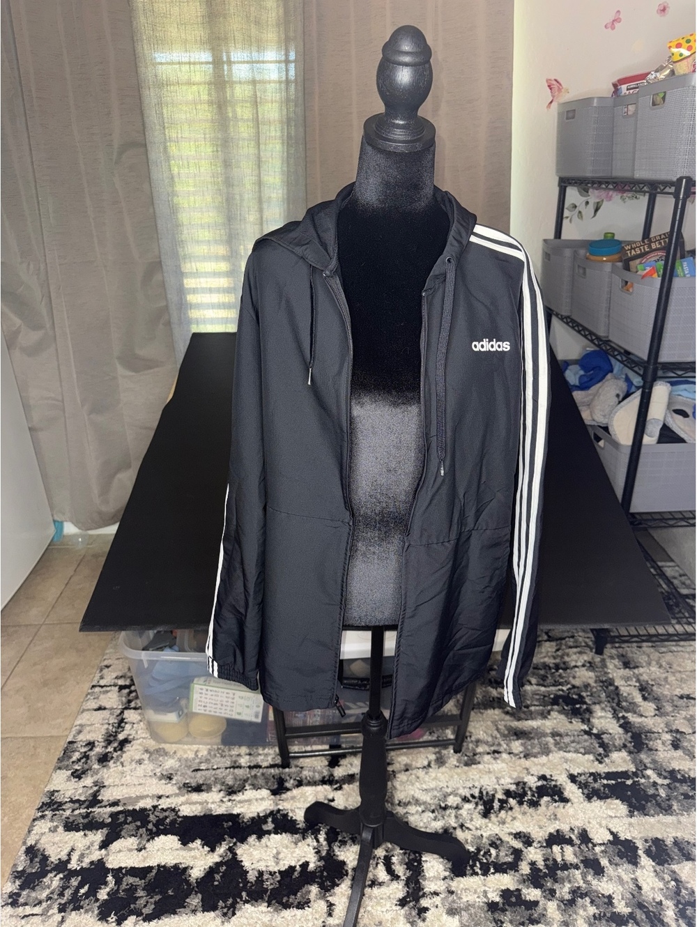 Adidas Black Hooded Windbreaker Jacket with White Stripes